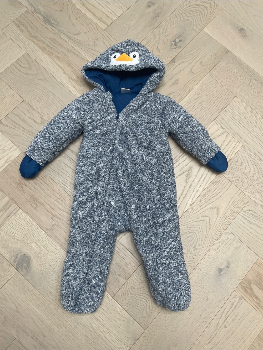 Cozy Grey Penguin Hooded Baby One-Piece